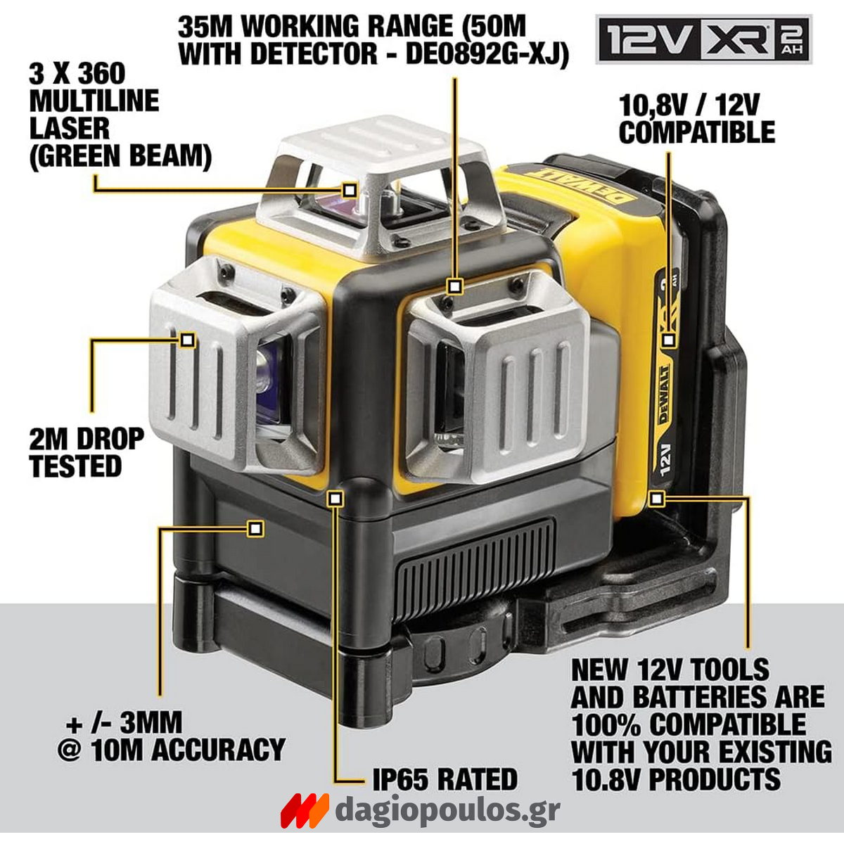 DeWalt DCE089D1G Αλφάδι Laser 12V Πολλαπλών Γραμμών Πράσινο 3x360° Με Μπατ.2.0Ah - Φορτιστή - Βαλίτσα