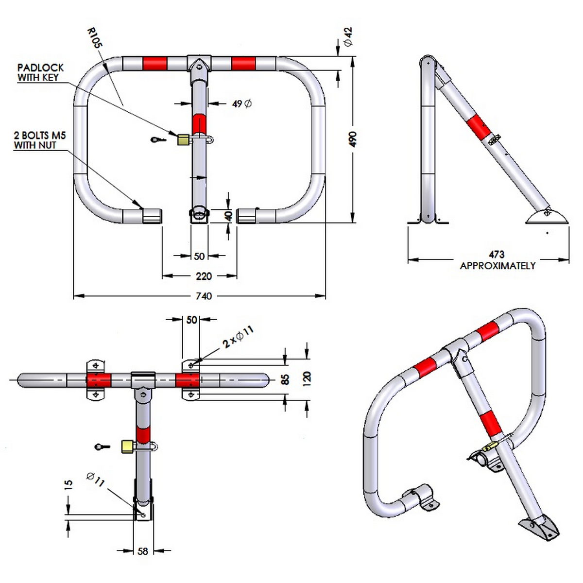 Μπάρα Παρεμπόδισης Παρκαρίσματος Αρθρωτή Γαλβανιζέ Τύπου C Με 3 Πόδια