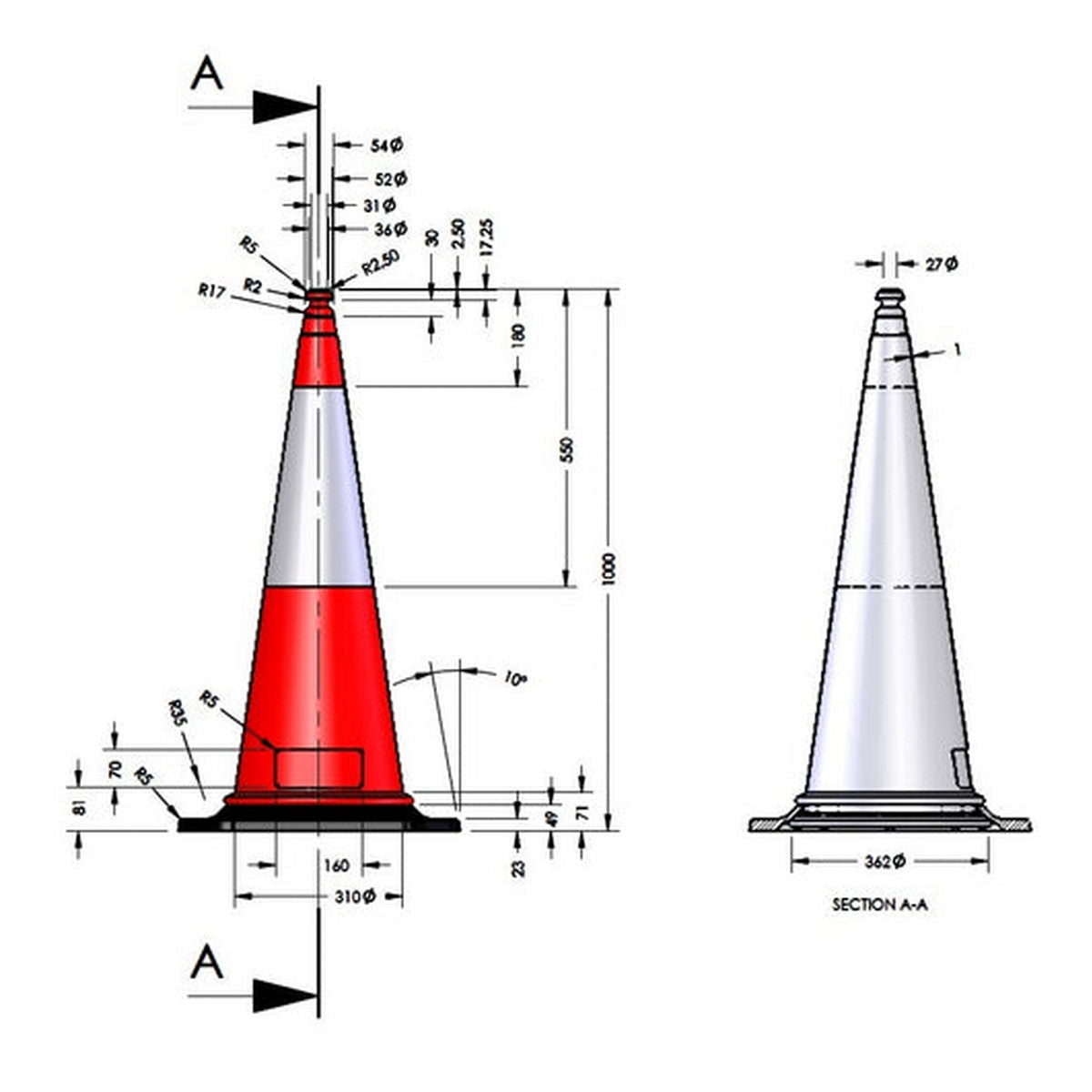 Κώνος PE Με Βαριά Λαστιχένια Βάση 100cm