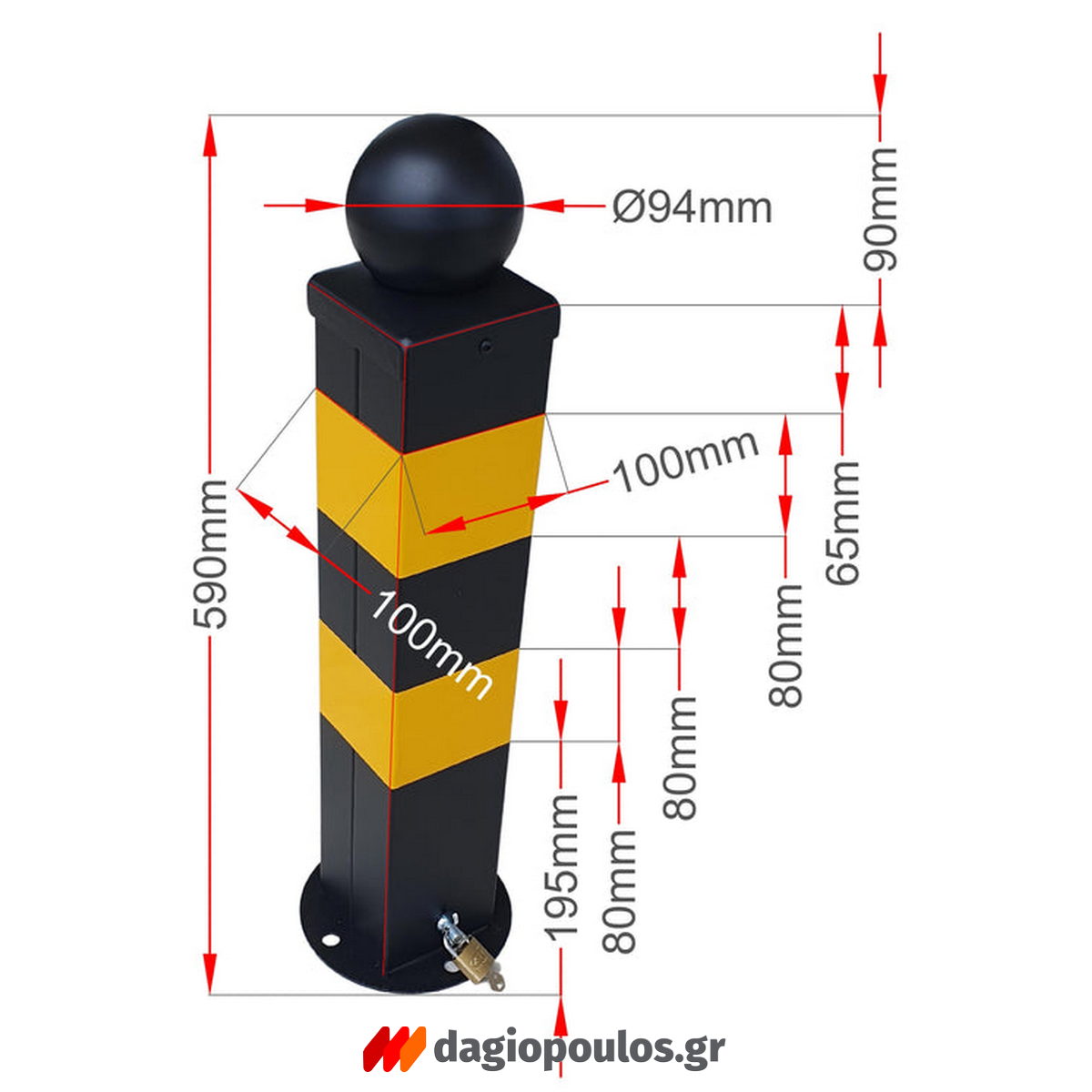 Κολωνάκι Μεταλλικό Τετράγωνο Αποσπώμενο Απαγόρευσης Στάθμευσης & Οριοθέτησης Με Διακοσμητική Μπάλα & Λουκέτο