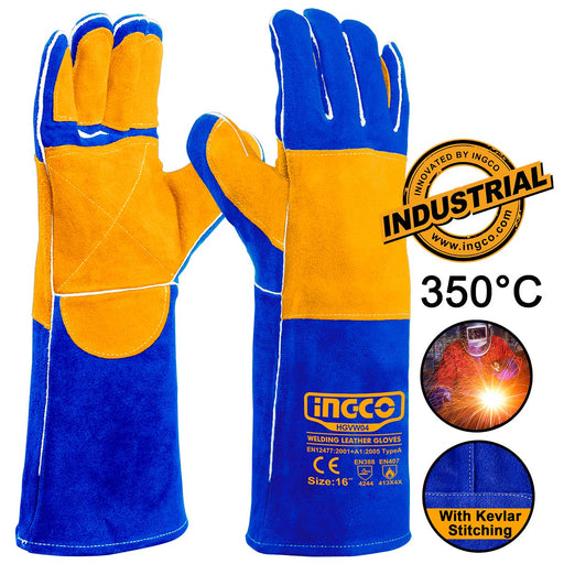 INGCO HGVW04-XL Γάντια Δερμάτινα Μακριά Ηλεκτροσυγκολλητών XL 16" 350°C | Dagiopoulos.gr