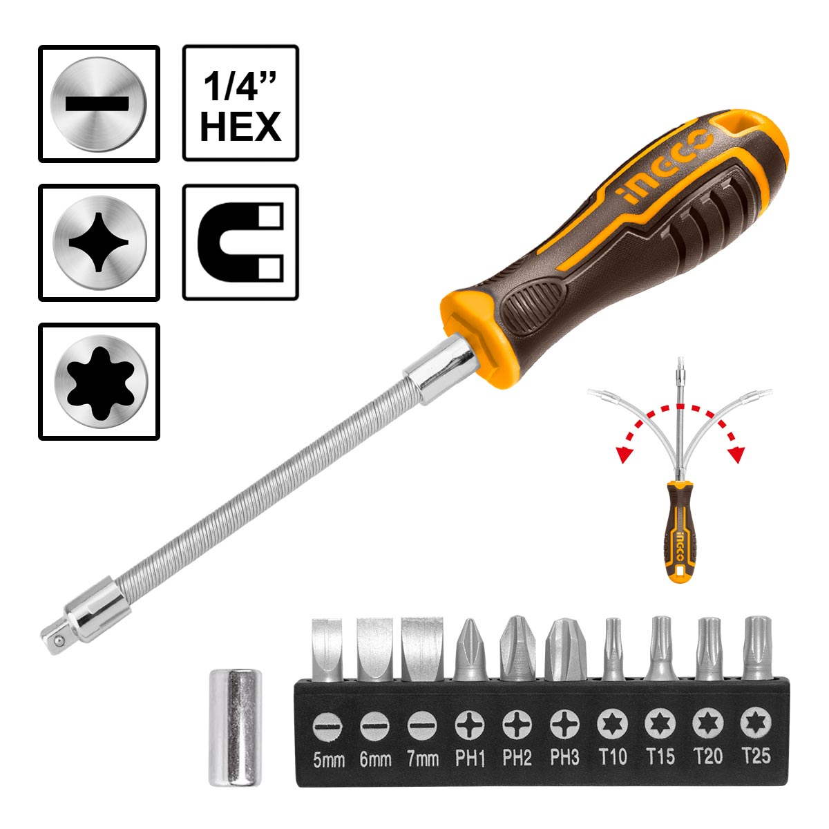 INGCO AKSDFL1208 Συλλογή Κατσαβίδι Εύκαμπτο Με Μύτες Σετ 12 τεμ.