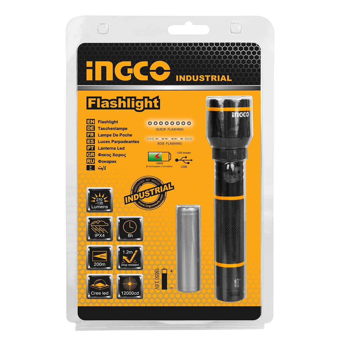 INGCO HCFL186503 Φακός Φορητός Προβολέας Επιθεώρησης & Εργασίας Μπαταρίας 3.6V Li-Ion Επαναφορτιζόμενος USBC 450 Lumens