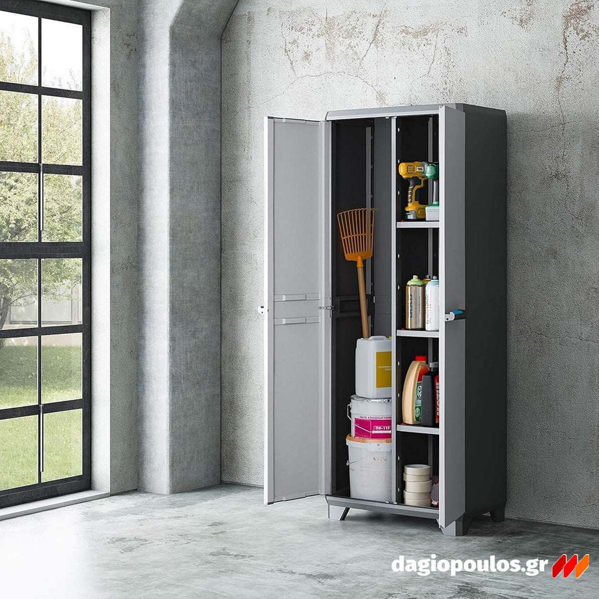 Keter Linear Tall Utility Ντουλάπα Ψηλή Με 3 Ράφια & Μεσαίο Χώρισμα Γκρι Ανοικτό