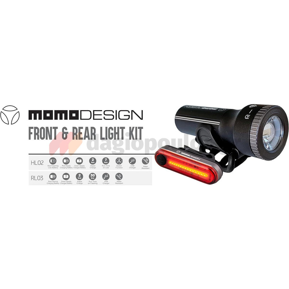 Momo Design HL02+RL03 KIT Συλλογή Φακός Ποδηλάτου + Πίσω Φως Επαναφορτιζόμενα Σετ 2 Τεμ