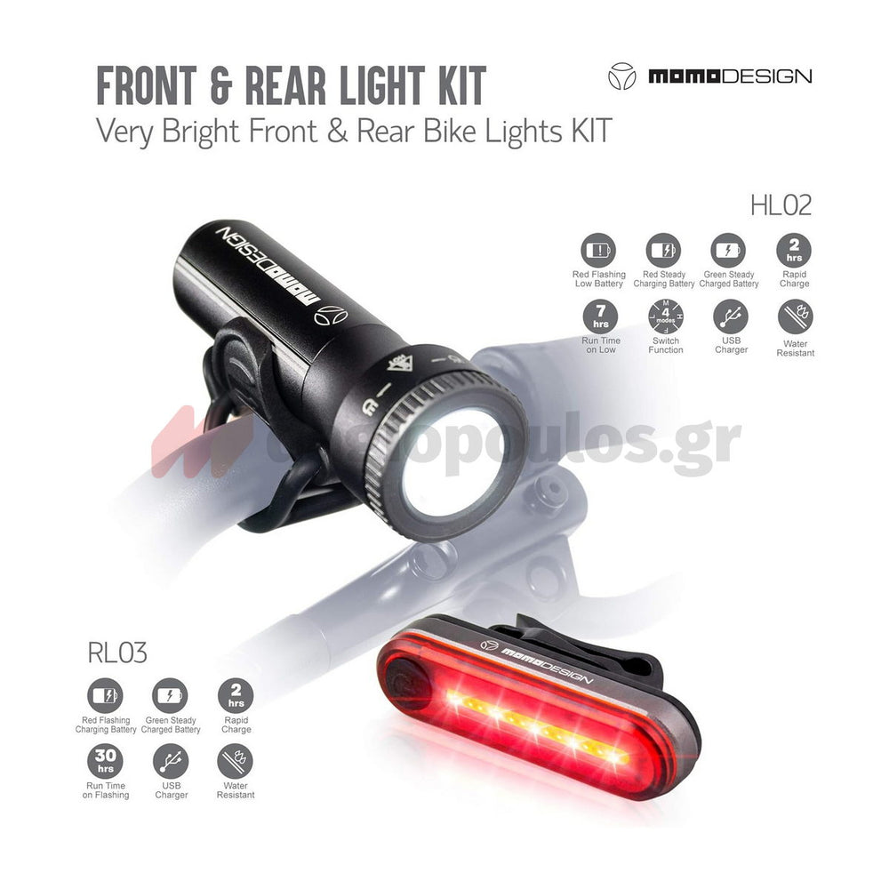 Momo Design HL02+RL03 KIT Συλλογή Φακός Ποδηλάτου + Πίσω Φως Επαναφορτιζόμενα Σετ 2 Τεμ