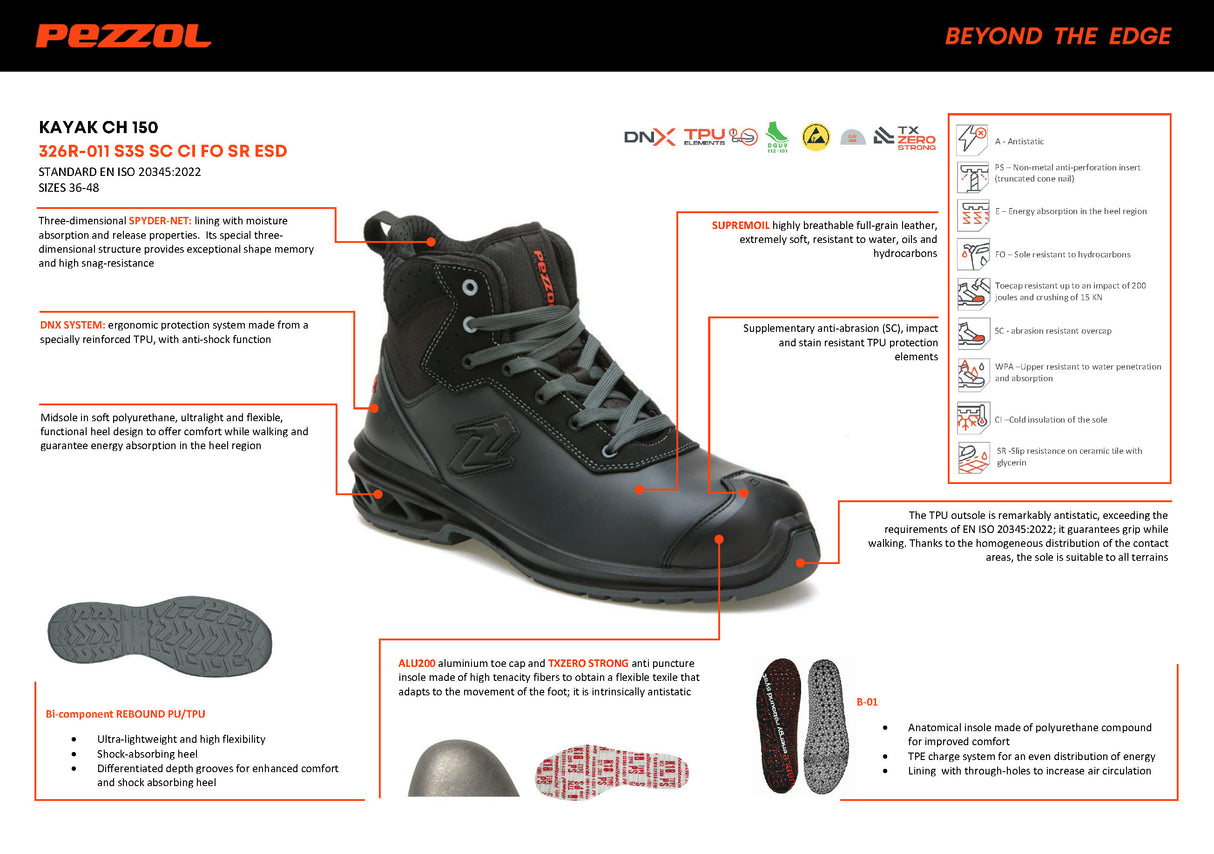 Pezzol Kayak CH 150 S3S SC CI FO SR ESD Παπούτσια Ημιμποτάκια Ασφαλείας Εργαζομένων Με Προστασία Ιταλίας