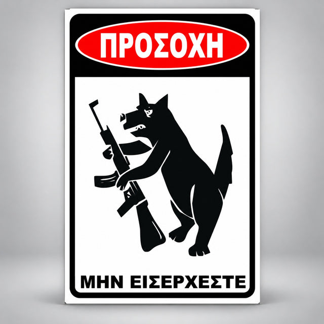 Πινακίδα Σήμανσης “ΠΡΟΣΟΧΗ ΣΚΥΛΟΣ – ΧΙΟΥΜΟΡΙΣΤΙΚΟ ΣΧΕΔΙΟ GUN II” PVC 200mm x 300mm – Μαύρο / Λευκό / Κόκκινο