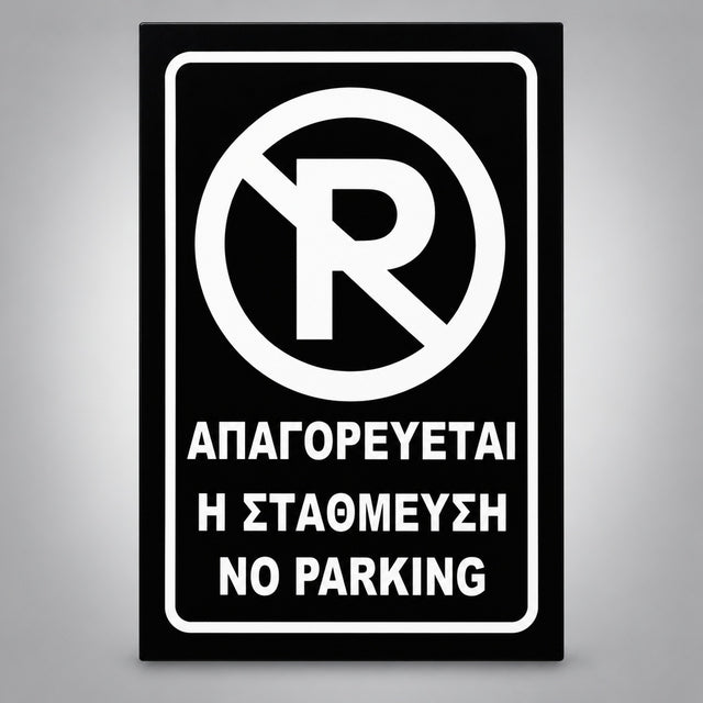 Πινακίδα Σήμανσης “ΑΠΑΓΟΡΕΥΕΤΑΙ Η ΣΤΑΘΜΕΥΣΗ – NO PARKING” Αλουμίνιο 200mm x 300mm – Μαύρο / Λευκό