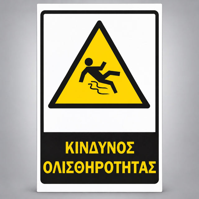 Πινακίδα Σήμανσης “ΚΙΝΔΥΝΟΣ ΟΛΙΣΘΗΡΟΤΗΤΑΣ” Αντανακλαστική PVC 200mm x 300mm – Κίτρινο / Μαύρο / Λευκό