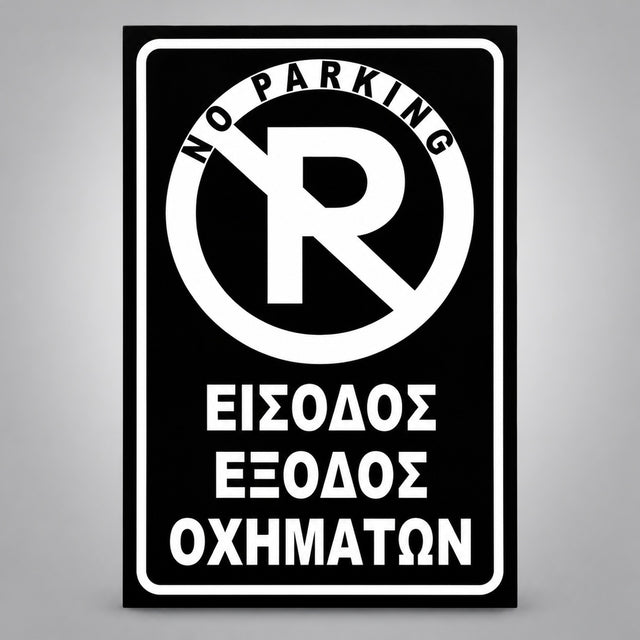 Πινακίδα Σήμανσης “NO PARKING – ΕΙΣΟΔΟΣ ΕΞΟΔΟΣ ΟΧΗΜΑΤΩΝ” Αντανακλαστική Αλουμίνιο 200mm x 300mm – Μαύρο / Λευκό