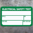 Ενδεικτική πράσινη και λευκή ετικέτα ELECTRICAL SAFETY TEST με κενά πεδία