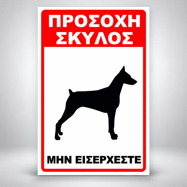 Πινακίδα Σήμανσης “ΠΡΟΣΟΧΗ ΣΚΥΛΟΣ – ΝΤΟΜΠΕΡΜΑΝ VI” Αλουμίνιο 200mm x 300mm – Κόκκινο / Μαύρο / Λευκό
