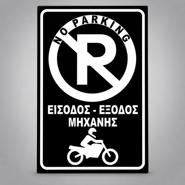 Πινακίδα Σήμανσης “NO PARKING – ΕΙΣΟΔΟΣ ΕΞΟΔΟΣ ΜΗΧΑΝΗΣ” Αντανακλαστική Αλουμίνιο 200mm x 300mm – Μαύρο / Λευκό