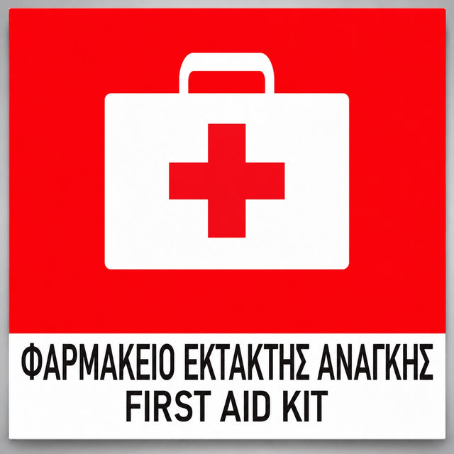 Πινακίδα Σήμανσης “ΦΑΡΜΑΚΕΙΟ ΕΚΤΑΚΤΗΣ ΑΝΑΓΚΗΣ – FIRST AID KIT” Βινύλιο 150mm x 150mm – Έγχρωμο