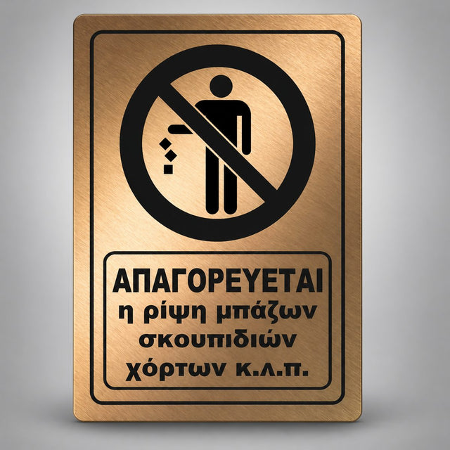 Πινακίδα Σήμανσης “ΑΠΑΓΟΡΕΥΕΤΑΙ Η ΡΙΨΗ ΜΠΑΖΩΝ ΣΚΟΥΠΙΔΙΩΝ ΧΟΡΤΩΝ” Ακρυλικό 200mm x 290mm – Μπρονζέ – Μαύρο