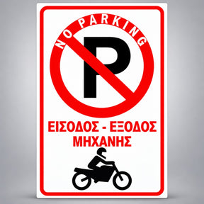 Πινακίδα Σήμανσης “NO PARKING – ΕΙΣΟΔΟΣ ΕΞΟΔΟΣ ΜΗΧΑΝΗΣ” Αντανακλαστική PVC 200mm x 300mm – Κόκκινο / Μαύρο / Λευκό