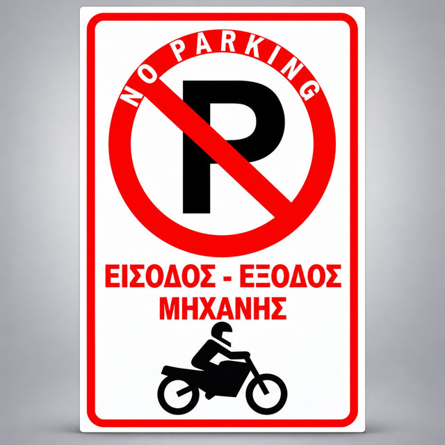 Πινακίδα Σήμανσης “NO PARKING – ΕΙΣΟΔΟΣ ΕΞΟΔΟΣ ΜΗΧΑΝΗΣ” Αντανακλαστική PVC 200mm x 300mm – Κόκκινο / Μαύρο / Λευκό