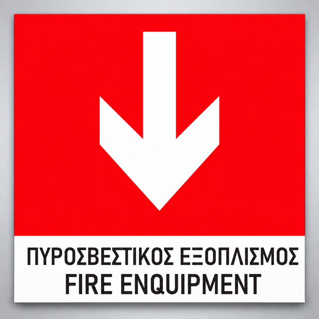 Πινακίδα Σήμανσης “ΠΥΡΟΣΒΕΣΤΙΚΟΣ ΕΞΟΠΛΙΣΜΟΣ – ΒΕΛΟΣ ΚΑΤΩ” PVC 150mm x 150mm – Έγχρωμο