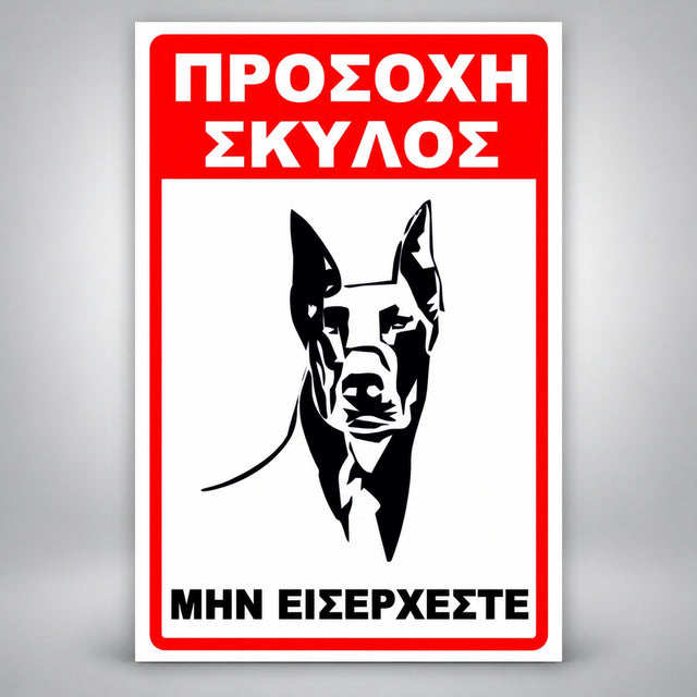 Πινακίδα Σήμανσης “ΠΡΟΣΟΧΗ ΣΚΥΛΟΣ – ΝΤΟΜΠΕΡΜΑΝ V” PVC 200mm x 300mm – Κόκκινο / Μαύρο / Λευκό