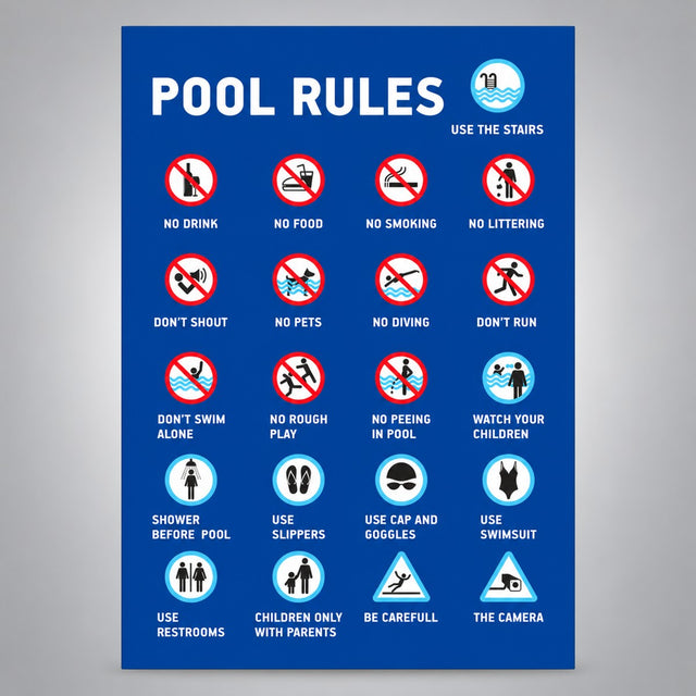 Πινακίδα Σήμανσης “ΚΑΝΟΝΕΣ ΠΙΣΙΝΑΣ – POOL RULES” PVC 500mm x 700mm – Μπλε / Πολύχρωμο