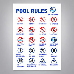 Πινακίδα Σήμανσης “ΚΑΝΟΝΕΣ ΠΙΣΙΝΑΣ – POOL RULES” Αλουμίνιο 350mm x 500mm – Λευκό / Πολύχρωμο