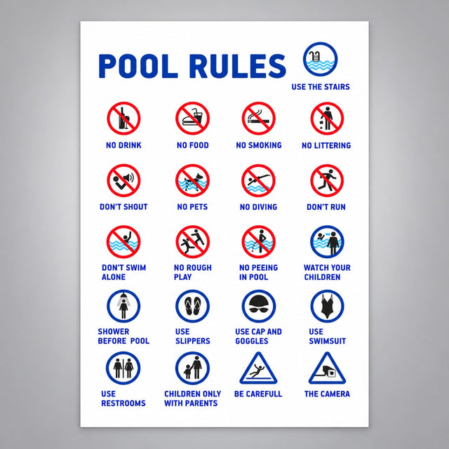 Πινακίδα Σήμανσης “ΚΑΝΟΝΕΣ ΠΙΣΙΝΑΣ – POOL RULES” Αλουμίνιο 350mm x 500mm – Λευκό / Πολύχρωμο