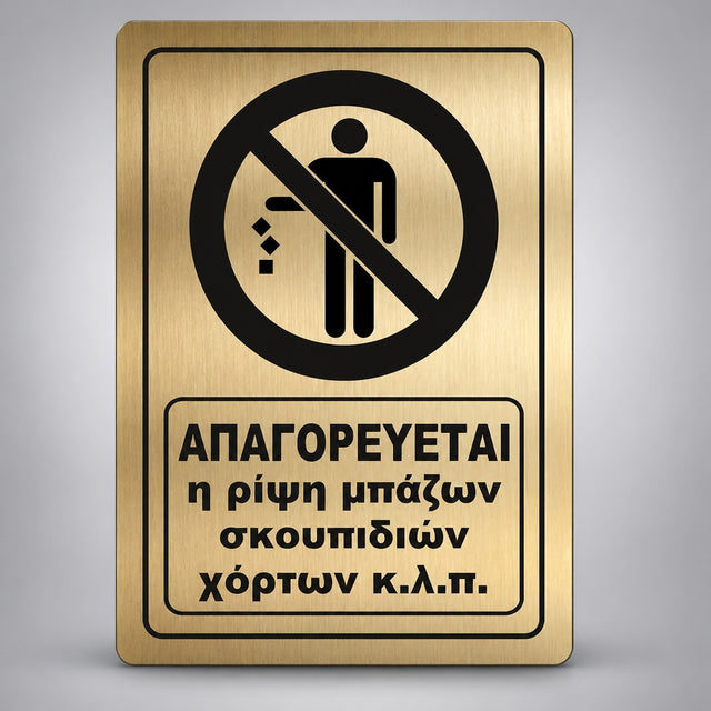 Πινακίδα Σήμανσης “ΑΠΑΓΟΡΕΥΕΤΑΙ Η ΡΙΨΗ ΜΠΑΖΩΝ ΣΚΟΥΠΙΔΙΩΝ ΧΟΡΤΩΝ” Ακρυλικό 200mm x 290mm – Χρυσό – Μαύρο