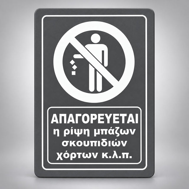 Πινακίδα Σήμανσης “ΑΠΑΓΟΡΕΥΕΤΑΙ Η ΡΙΨΗ ΜΠΑΖΩΝ ΣΚΟΥΠΙΔΙΩΝ ΧΟΡΤΩΝ” Ακρυλικό 200mm x 290mm – Γκρι – Λευκό