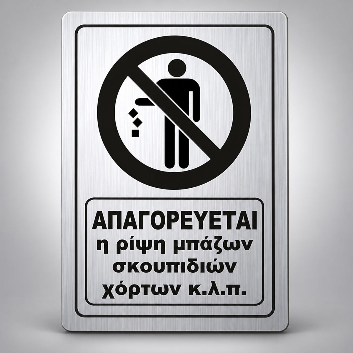 Πινακίδα Σήμανσης “ΑΠΑΓΟΡΕΥΕΤΑΙ Η ΡΙΨΗ ΜΠΑΖΩΝ ΣΚΟΥΠΙΔΙΩΝ ΧΟΡΤΩΝ” Ακρυλικό 200mm x 290mm – Ασημί – Μαύρο