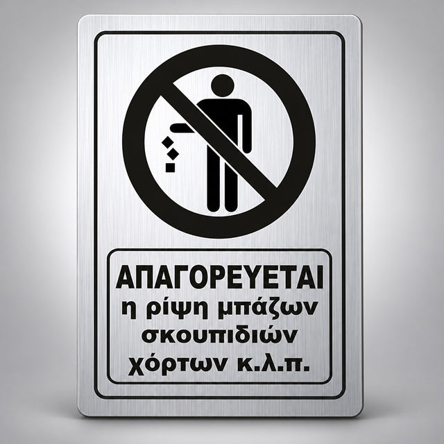 Πινακίδα Σήμανσης “ΑΠΑΓΟΡΕΥΕΤΑΙ Η ΡΙΨΗ ΜΠΑΖΩΝ ΣΚΟΥΠΙΔΙΩΝ ΧΟΡΤΩΝ” Ακρυλικό 200mm x 290mm – Ασημί – Μαύρο