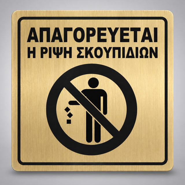 Πινακίδα Σήμανσης “ΑΠΑΓΟΡΕΥΕΤΑΙ Η ΡΙΨΗ ΣΚΟΥΠΙΔΙΩΝ” Ακρυλικό 150mm x 150mm – Χρυσό – Μαύρο