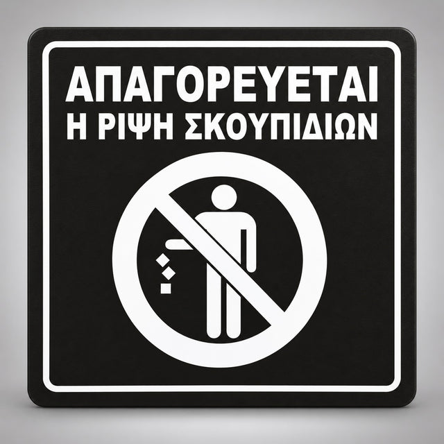 Πινακίδα Σήμανσης “ΑΠΑΓΟΡΕΥΕΤΑΙ Η ΡΙΨΗ ΣΚΟΥΠΙΔΙΩΝ” Ακρυλικό 150mm x 150mm – Μαύρο – Λευκό