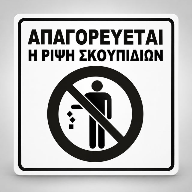 Πινακίδα Σήμανσης “ΑΠΑΓΟΡΕΥΕΤΑΙ Η ΡΙΨΗ ΣΚΟΥΠΙΔΙΩΝ” Ακρυλικό 150mm x 150mm – Λευκό – Μαύρο