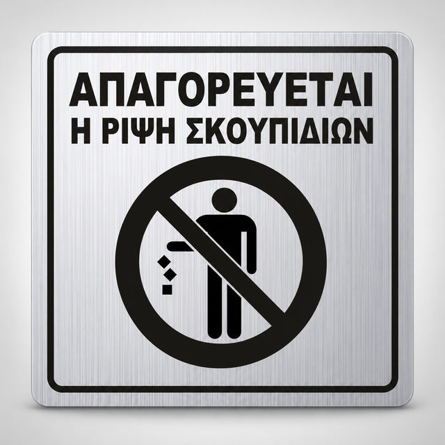 Πινακίδα Σήμανσης “ΑΠΑΓΟΡΕΥΕΤΑΙ Η ΡΙΨΗ ΣΚΟΥΠΙΔΙΩΝ” Ακρυλικό 150mm x 150mm – Ασημί – Μαύρο