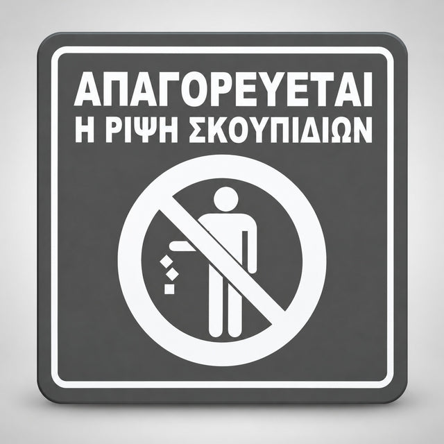 Πινακίδα Σήμανσης “ΑΠΑΓΟΡΕΥΕΤΑΙ Η ΡΙΨΗ ΣΚΟΥΠΙΔΙΩΝ” Ακρυλικό 150mm x 150mm – Γκρι – Λευκό