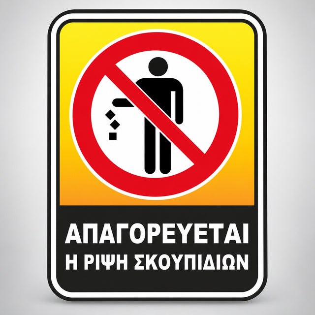 Πινακίδα Σήμανσης “ΑΠΑΓΟΡΕΥΕΤΑΙ Η ΡΙΨΗ ΣΚΟΥΠΙΔΙΩΝ” Βινύλιο 200mm x 300mm – Κίτρινο / Μαύρο / Κόκκινο