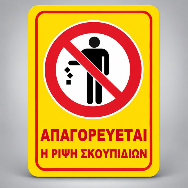 Πινακίδα ΑΠΑΓΟΡΕΥΕΤΑΙ Η ΡΙΨΗ ΣΚΟΥΠΙΔΙΩΝ, σχέδιο σε κίτρινο / κόκκινο / μαύρο, επιλεγμένο υλικό Αλουμίνιο 130mm x 150mm