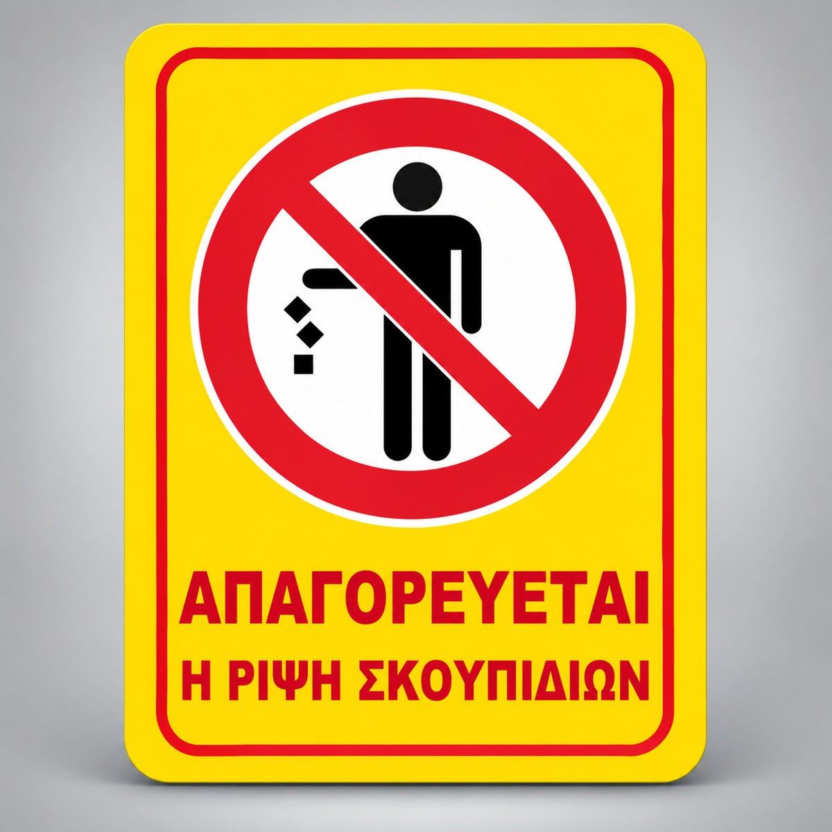 Πινακίδα ΑΠΑΓΟΡΕΥΕΤΑΙ Η ΡΙΨΗ ΣΚΟΥΠΙΔΙΩΝ, σχέδιο σε κίτρινο / κόκκινο / μαύρο, επιλεγμένο υλικό Βινύλιο 130mm x 150mm