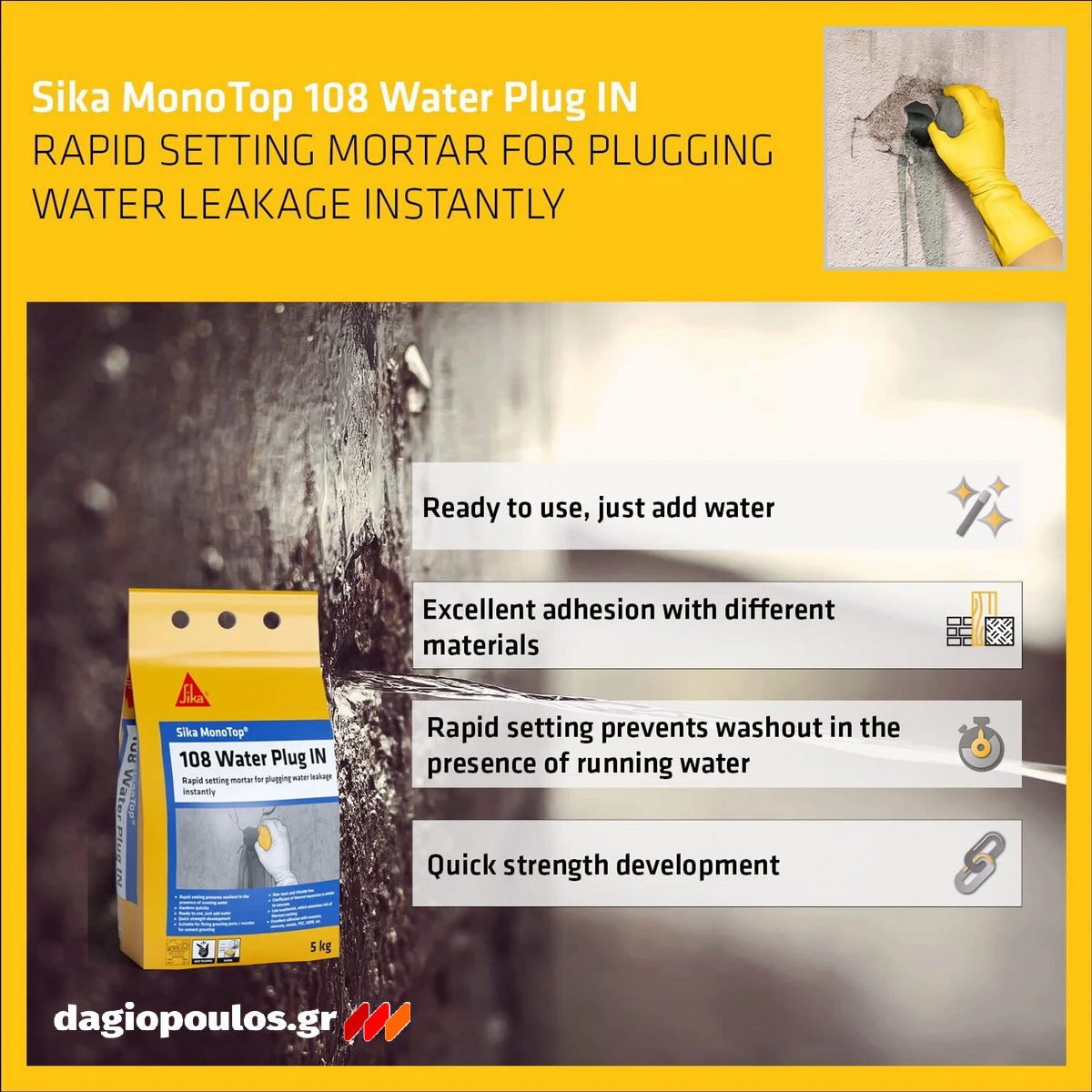 Sika MonoTop 108 WaterPlug Υπερταχύπηκτο Τσιμεντοειδές Μονωτικό Κονίαμα