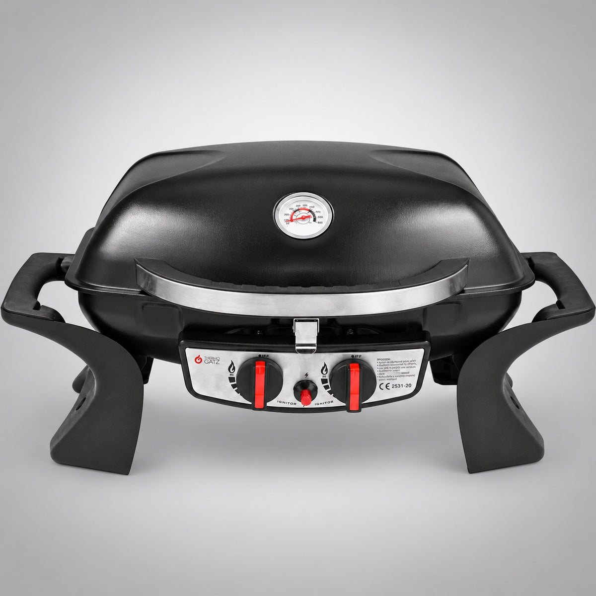 Thermogatz GS GRILL 2 MINI — BBQ ΥΓΡΑΕΡΙΟΥ GS GRILL 2 MINI - 5kW + ΔΩΡΟ ΤΑ ΠΛΑΪΝΑ ΡΑΦΙΑ, σε γκρι φόντο με φυσική σκιά