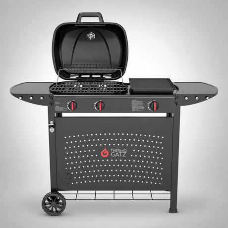 Thermogatz GS GRILL 2 PLANCHA — BBQ ΥΓΡΑΕΡΙΟΥ GS GRILL 2 + PLANCHA 8kW, σε γκρι φόντο με φυσική σκιά