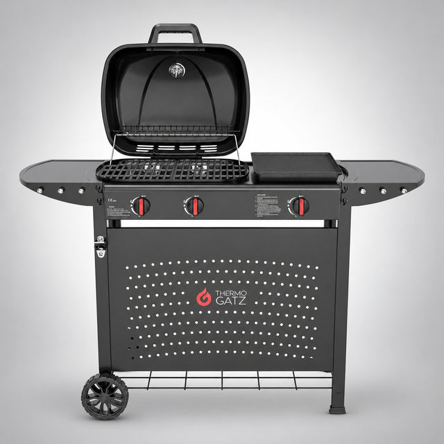 Thermogatz GS GRILL 2 PLANCHA — BBQ ΥΓΡΑΕΡΙΟΥ GS GRILL 2 + PLANCHA 8kW, σε γκρι φόντο με φυσική σκιά