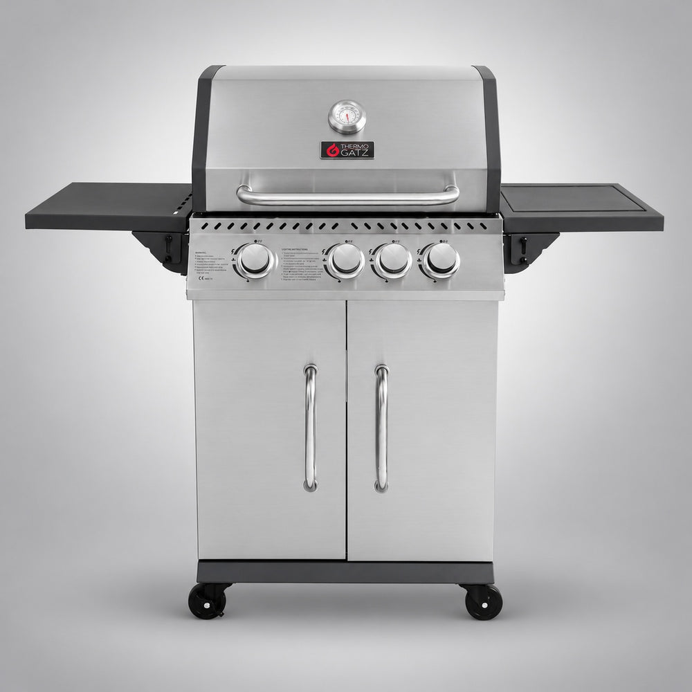 Thermogatz GS GRILL ELITE 3 1 INOX — BBQ ΥΓΡΑΕΡΙΟΥ GS GRILL ELITE 3+1 INOX - 11,5 kW, σε γκρι φόντο με φυσική σκιά