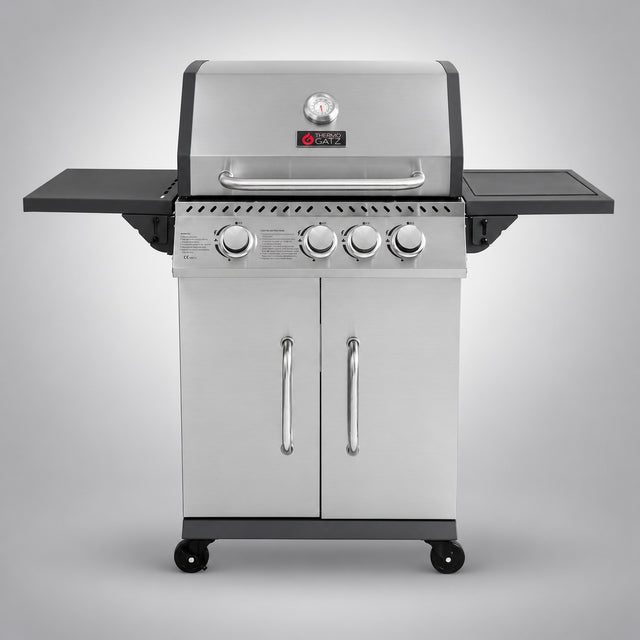 Thermogatz GS GRILL ELITE 3 1 INOX — BBQ ΥΓΡΑΕΡΙΟΥ GS GRILL ELITE 3+1 INOX - 11,5 kW, σε γκρι φόντο με φυσική σκιά