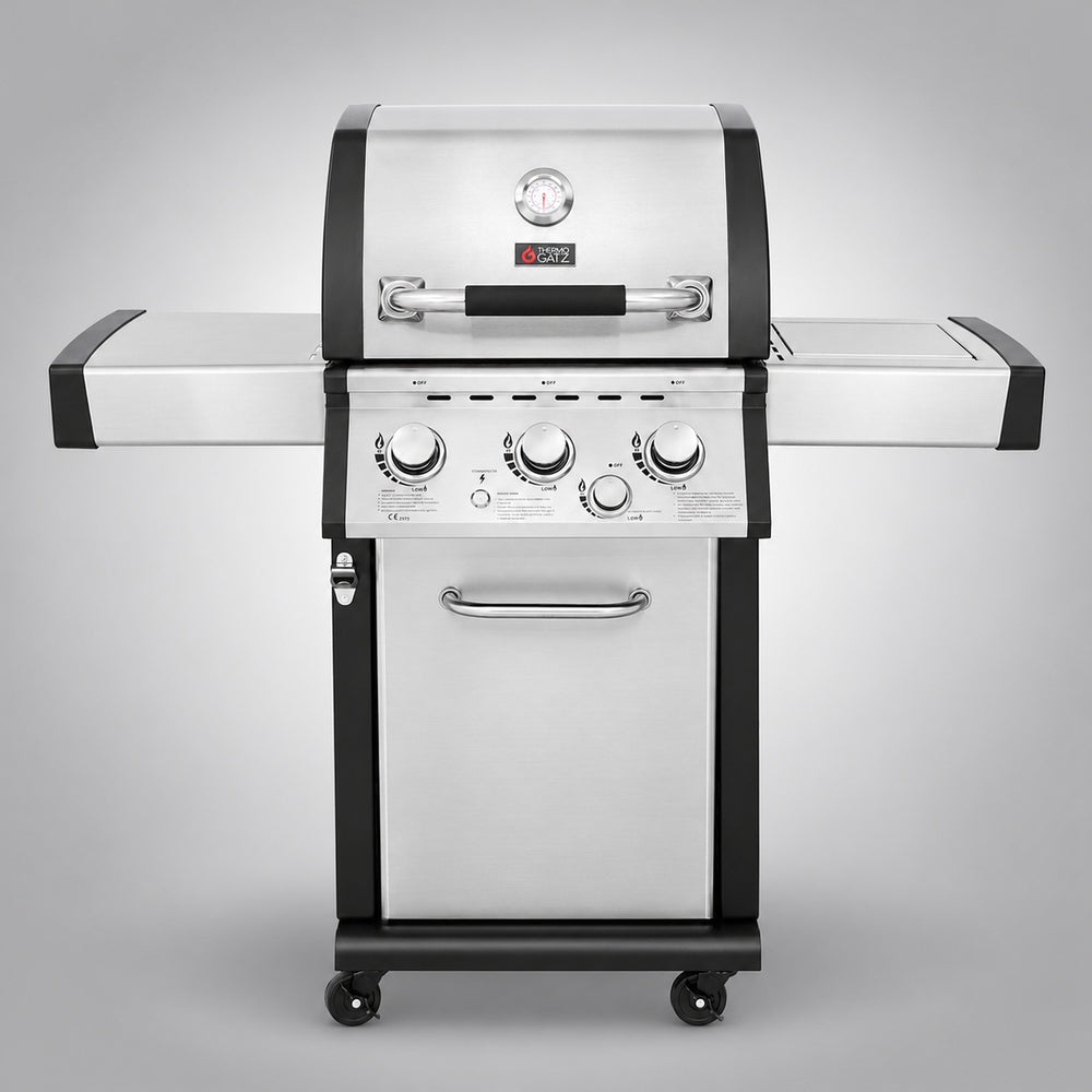 Thermogatz GS GRILL SUPERIOR 3 1 — BBQ ΥΓΡΑΕΡΙΟΥ GS GRILL SUPERIOR 3+1 ΙΝΟΧ - 14kW, σε γκρι φόντο με φυσική σκιά