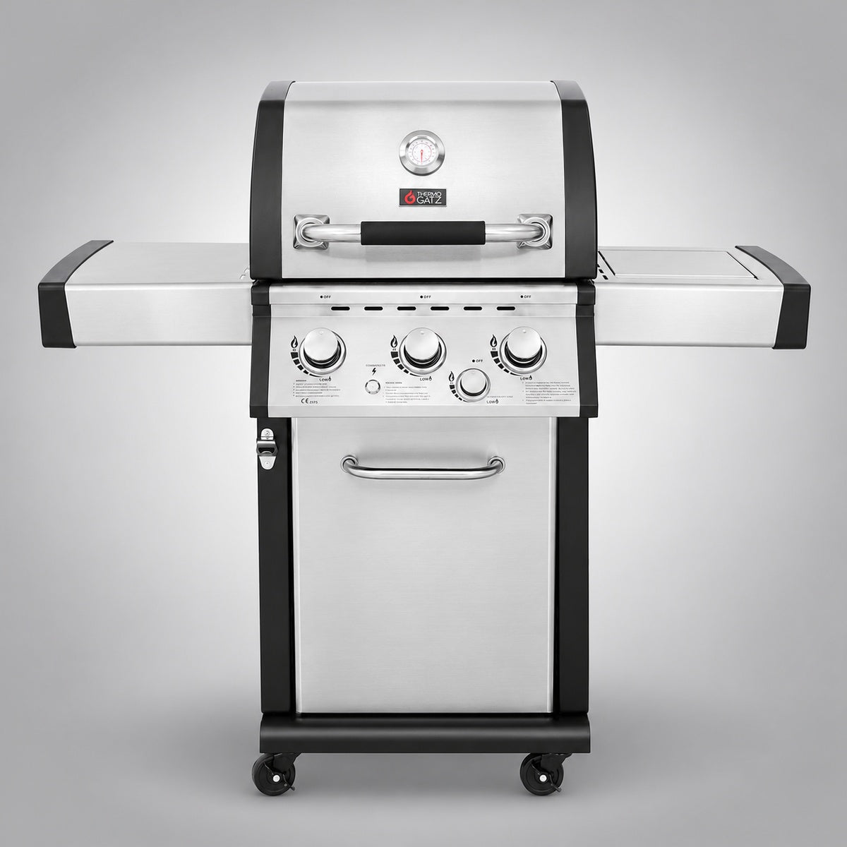 Thermogatz GS GRILL SUPERIOR 3 1 — BBQ ΥΓΡΑΕΡΙΟΥ GS GRILL SUPERIOR 3+1 ΙΝΟΧ - 14kW, σε γκρι φόντο με φυσική σκιά