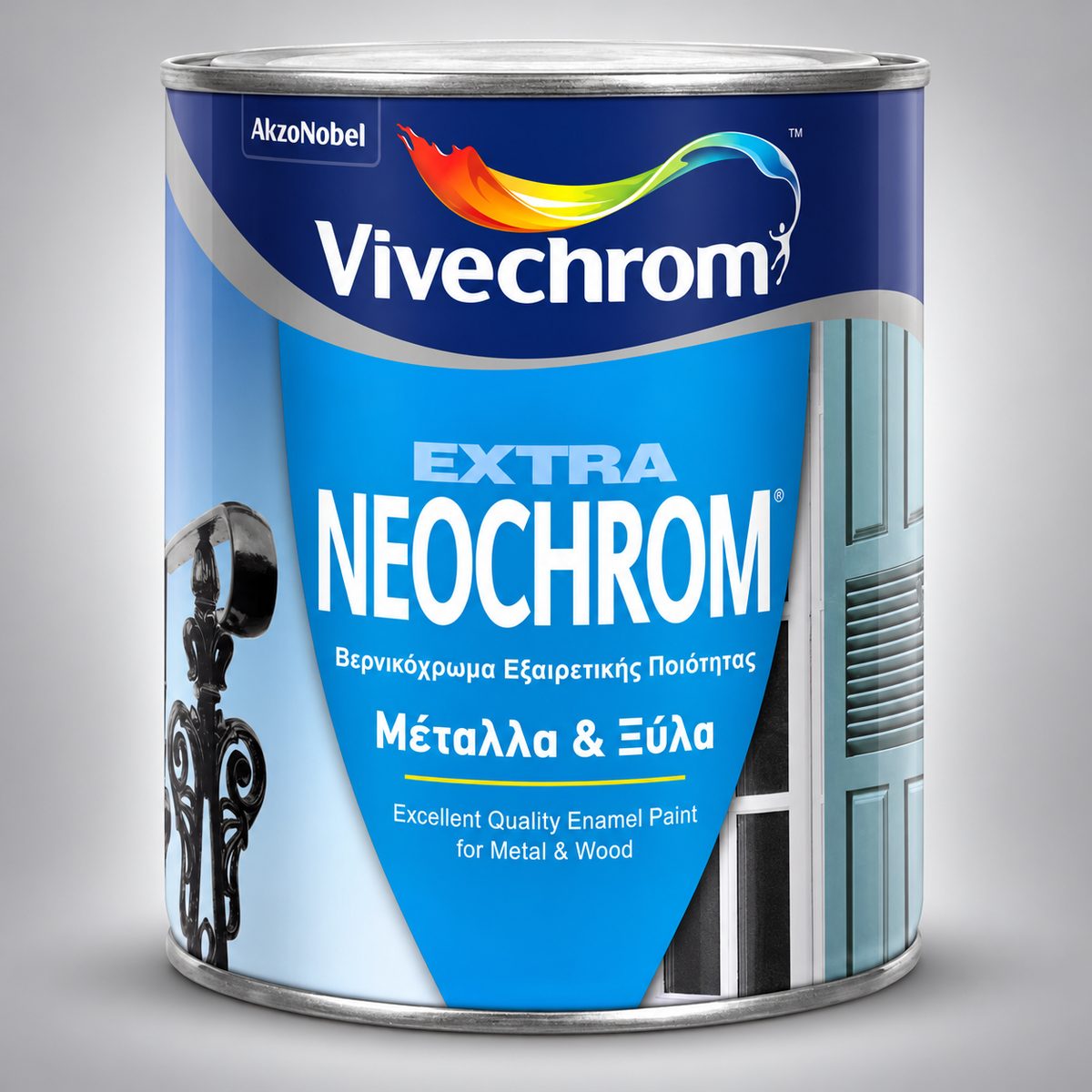 Vivechrom Extra Neochrom βερνικόχρωμα ξύλου και μετάλλου, δοχείο προϊόντος σε studio φόντο