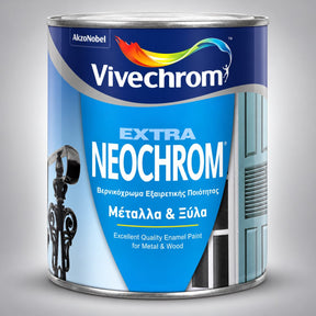 Vivechrom Extra Neochrom βερνικόχρωμα ξύλου και μετάλλου, δοχείο προϊόντος σε studio φόντο