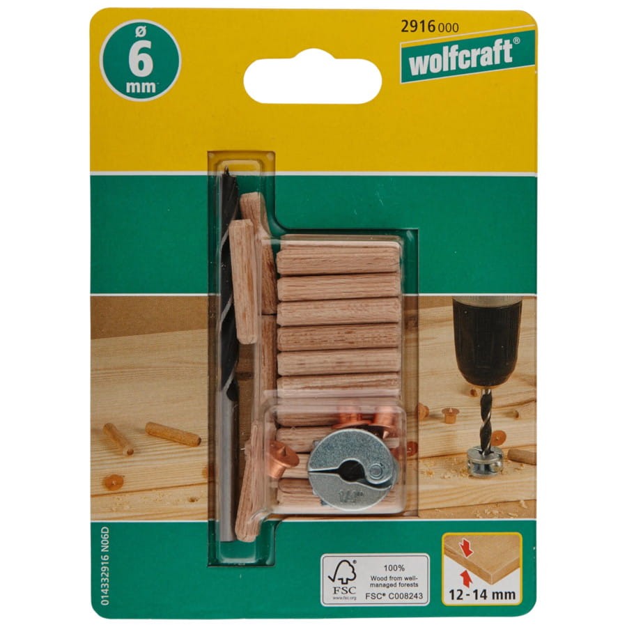 Wolfcraft 2916000 Καβίλιες Οξιάς Τάπες Μαρκαρίσματος Τρυπάνι & Ρυθμιστής Βάθους Σετ 6 mm